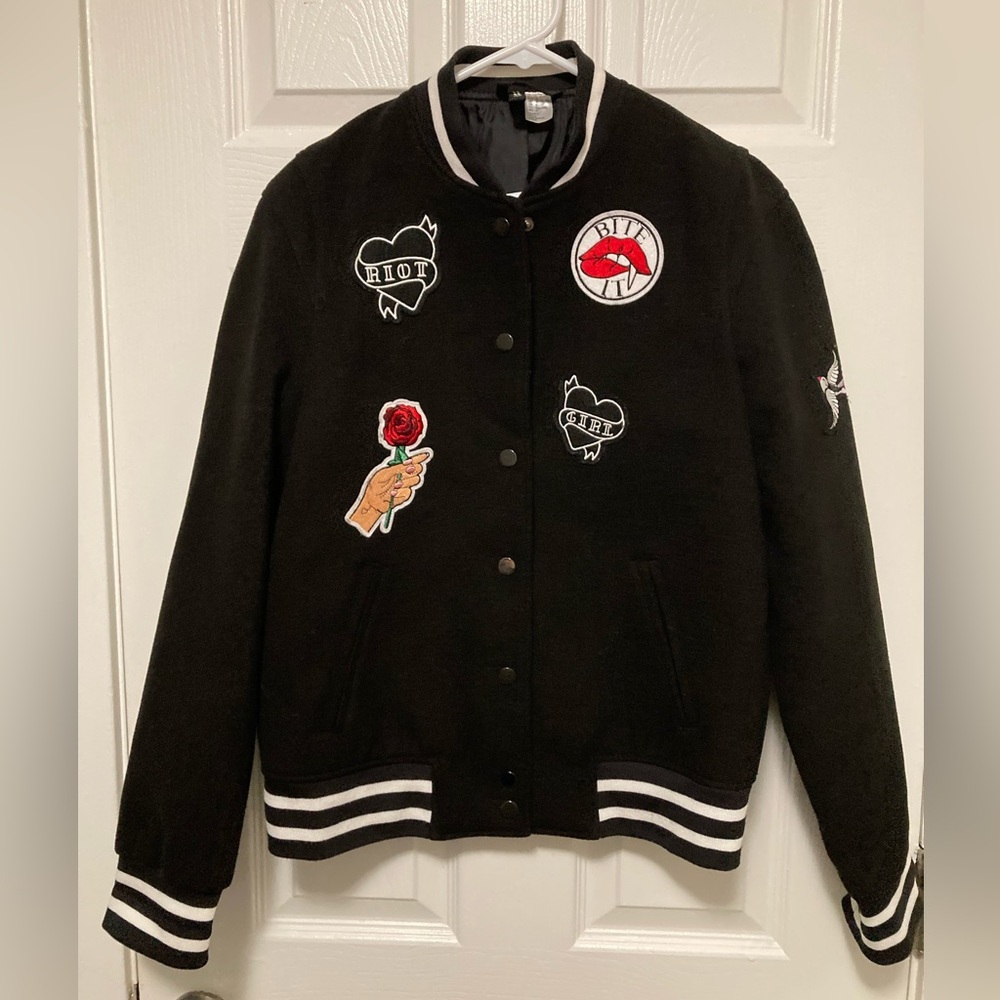 •Divided Black Letterman Varsity with Patches Button Front Jacket #IR